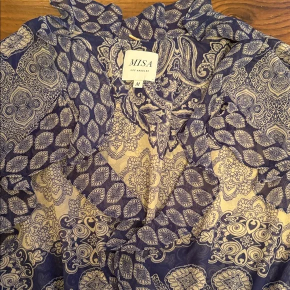 Misa Los Angeles High/Low Bohemian Maxi Dress with Blue and Cream Patterns - Picture 5 of 13